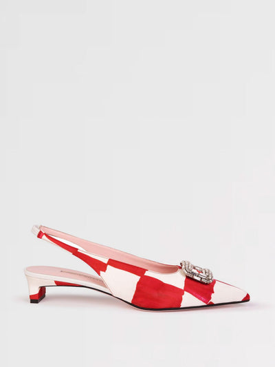 Emilia Wickstead Red and ivory checkerboard Margarita kitten heels at Collagerie