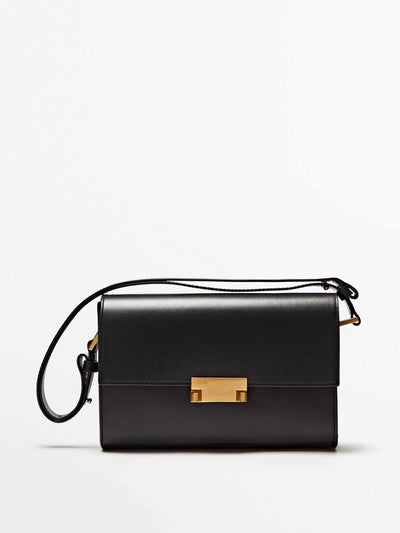Massimo Dutti Black leather bag with gold clasp at Collagerie