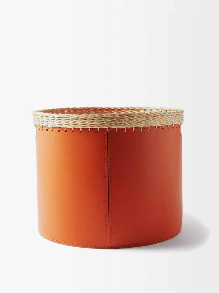 Orange leather and wicker small basket