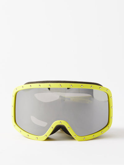 Celine Eyewear Yellow and silver stud detail framed ski goggles with logo strap at Collagerie