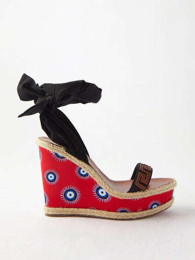 Christian Louboutin Athina des Cyclades printed silk wedge sandals at Collagerie