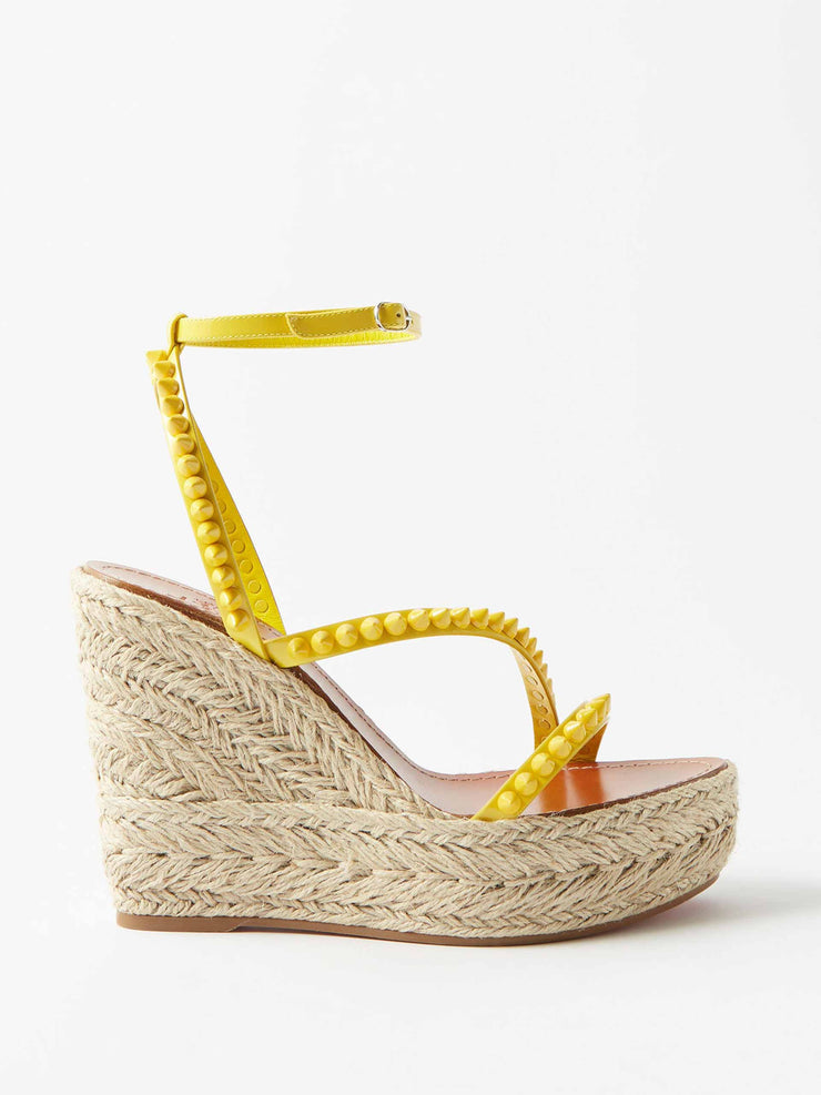 Yellow studded leather wedge sandals