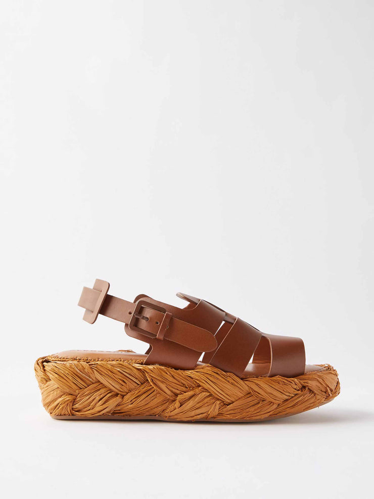 Brown leather and raffia platform sandals