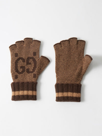 Gucci Logo jacquard fingerless cashmere gloves at Collagerie