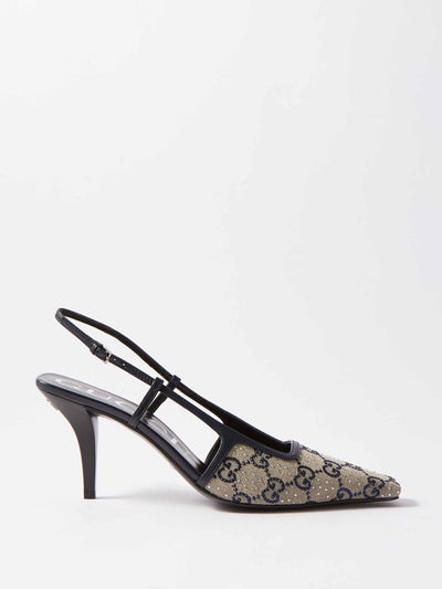 Gucci Beige and navy canvas sling back heels at Collagerie