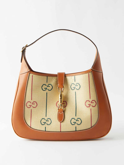 Gucci Canvas and tan leather-trimmed shoulder bag at Collagerie