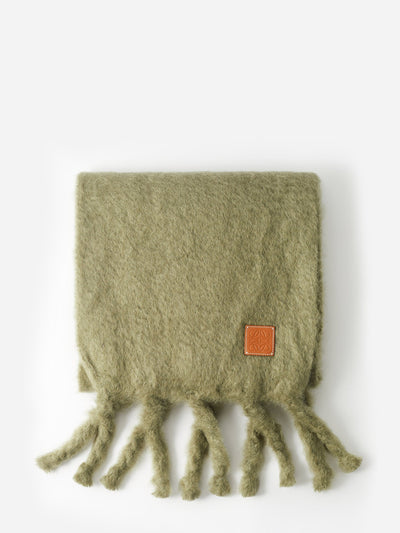 Loewe Anagram-patch fringed mohair-blend scarf at Collagerie