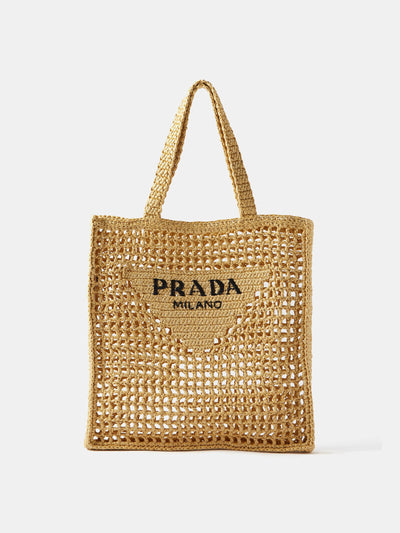 Prada Logo woven raffia tote bag at Collagerie