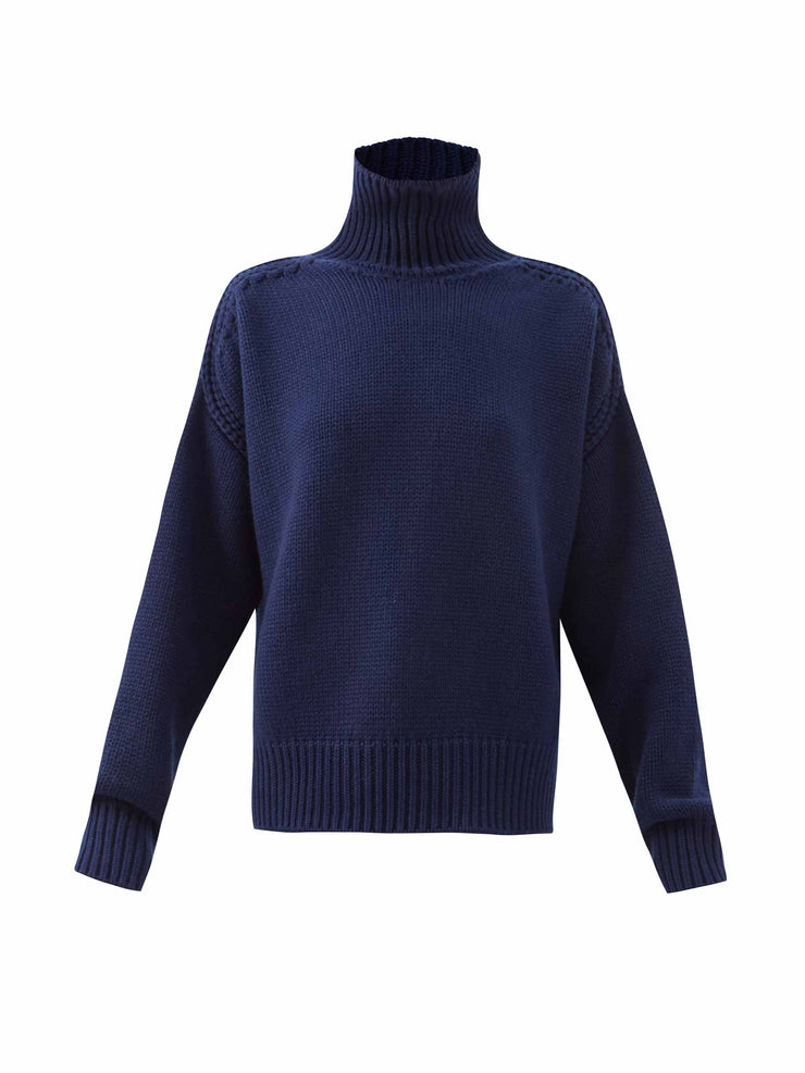 Navy open-back cashmere sweater