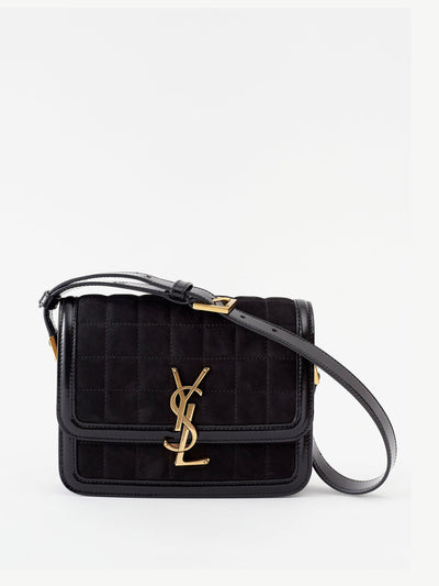 Saint Laurent Solferino YSL-plaque quilted-suede shoulder bag at Collagerie