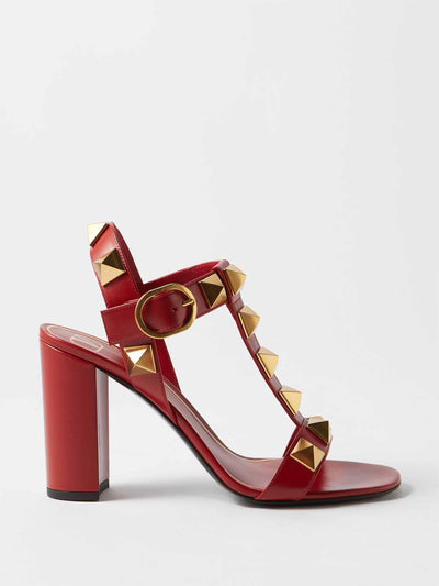 Valentino Garavani Studded block red heels at Collagerie