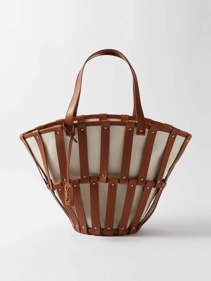 Brown leather and canvas tote