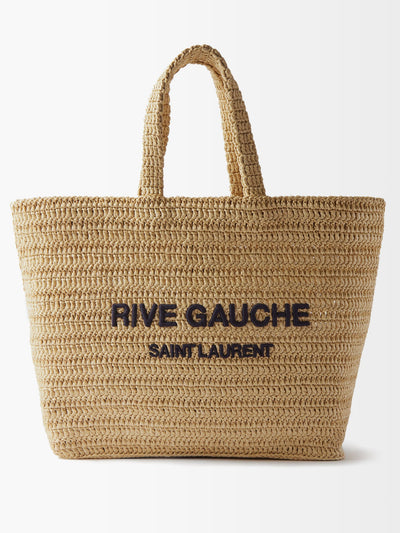 Saint Laurent Logo embroidered raffia tote bag at Collagerie