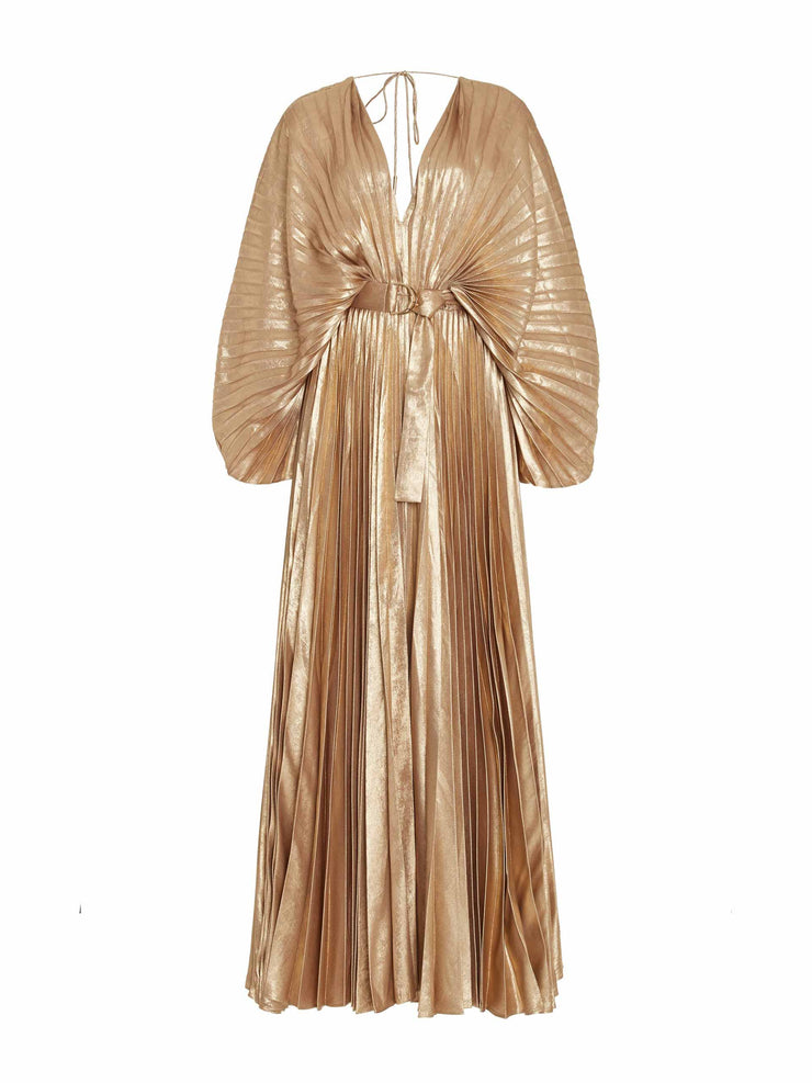 Gold pleated chiffon dress