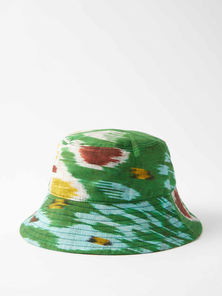 Green print linen blend bucket hat