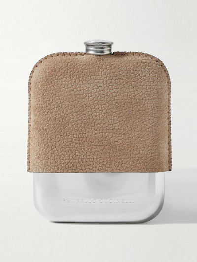 Brunello Cucinelli Full-grain suede and silver-tone hip flask at Collagerie