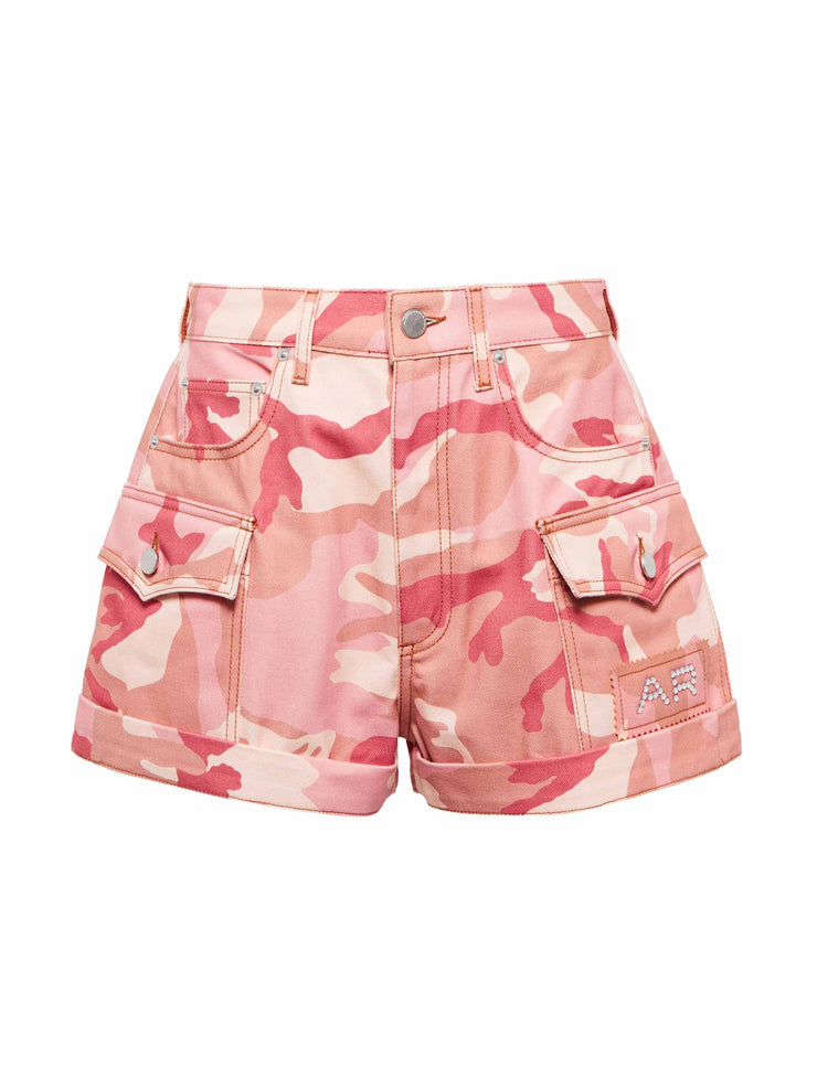Camouflage high-rise denim shorts