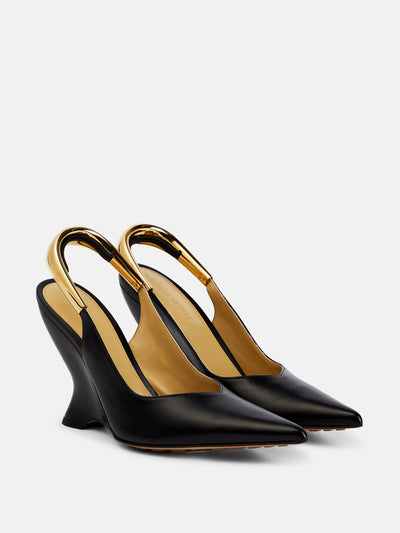 Bottega Veneta Black leather slingback pumps with gold metal detail at Collagerie