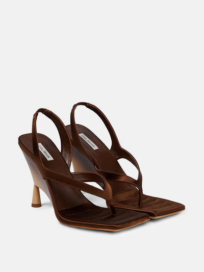 Gia Borghini Brown satin square toe sandals at Collagerie