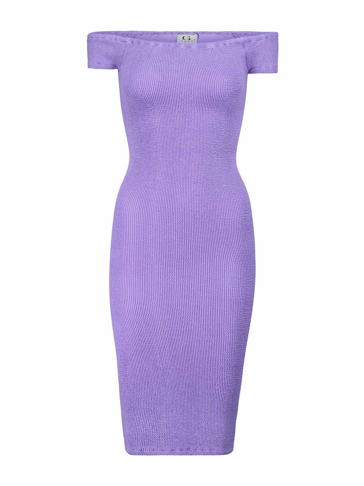 Purple off the shoulder mini dress