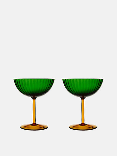 La DoubleJ Green and yellow champagne coup glasses (set of 2) at Collagerie