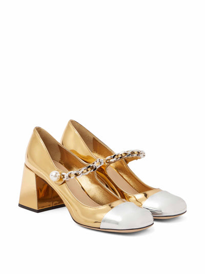 Miu Miu Gold and white leather heeled pumps at Collagerie