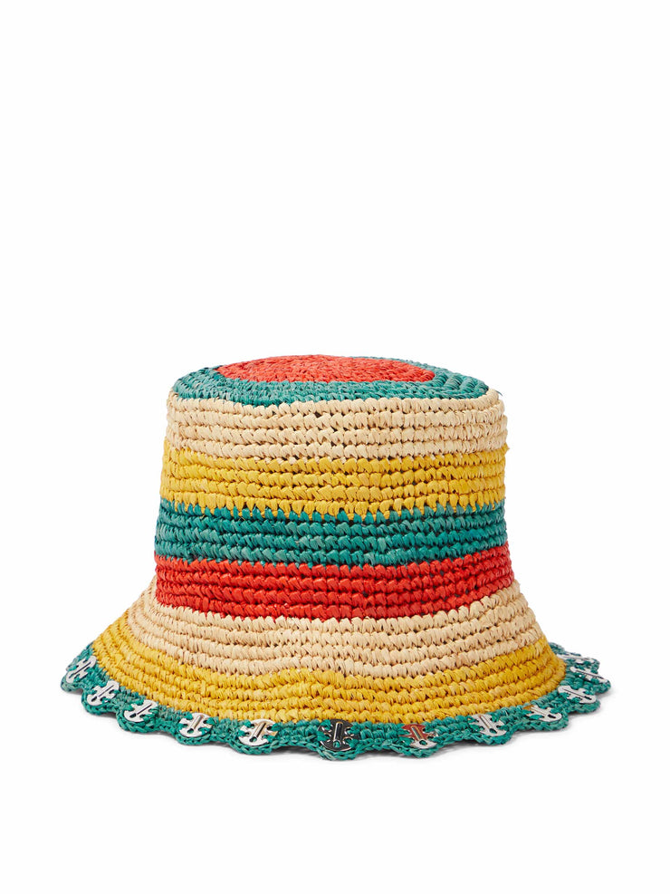 Embellished striped raffia bucket hat