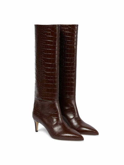 Paris Texas Croc-effect brown leather knee-high boots at Collagerie