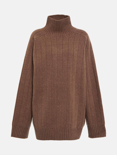 Totême Brown ribbed-knit turtleneck sweater at Collagerie