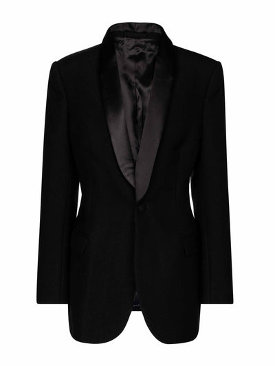 Wardrobe.NYC Black wool tuxedo blazer at Collagerie