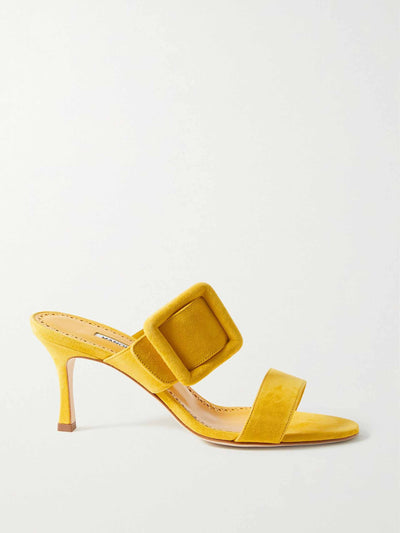 Manolo Blahnik Yellow suede buckled mules at Collagerie