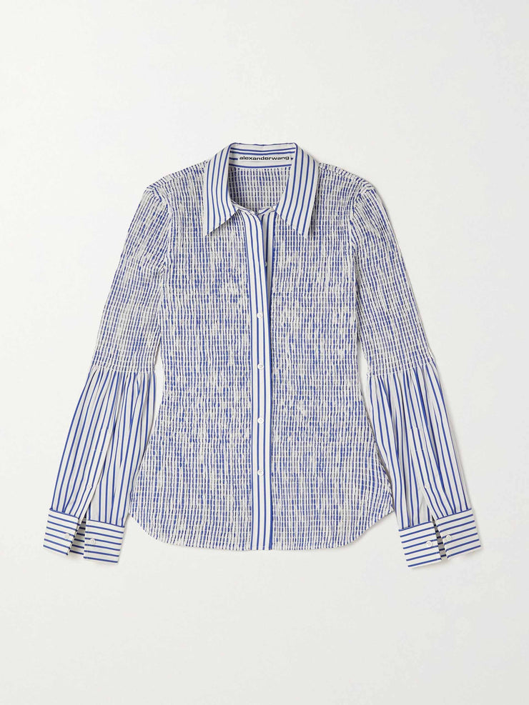 Smocked striped cotton poplin shirt