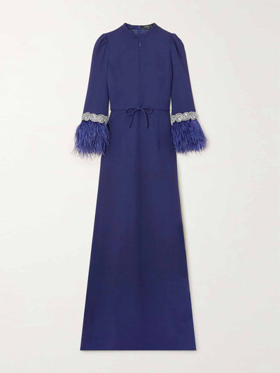 Andrew GN Blue maxi dress with feathers at Collagerie