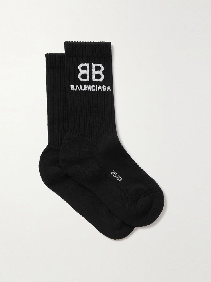 Black ribbed cotton-blend socks