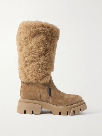 Brunello Cucinelli Beige shearling and suede ankle boots at Collagerie