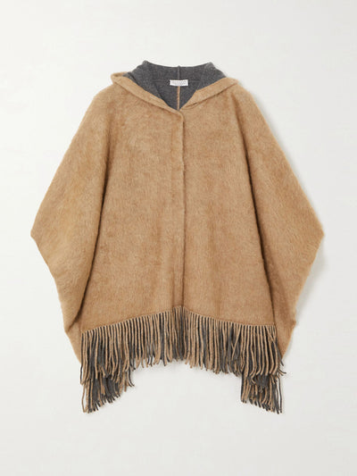 Brunello Cucinelli Camel hooded fringed poncho at Collagerie