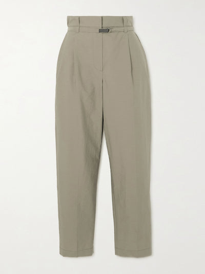 Brunello Cucinelli Green belted cotton-blend tapered trousers at Collagerie