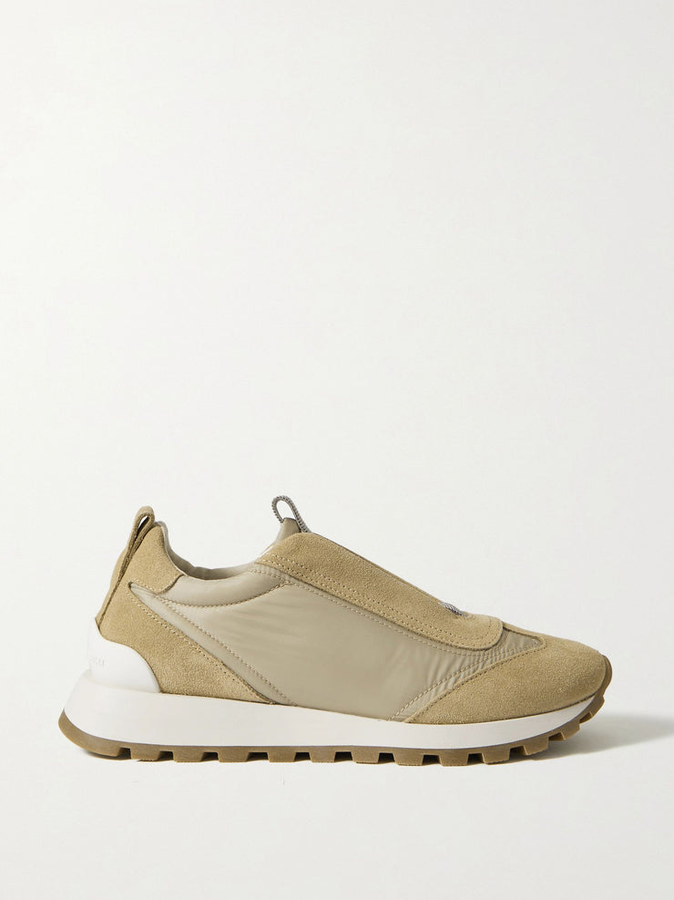 Neutral suede-trimmed shell slip on sneakers