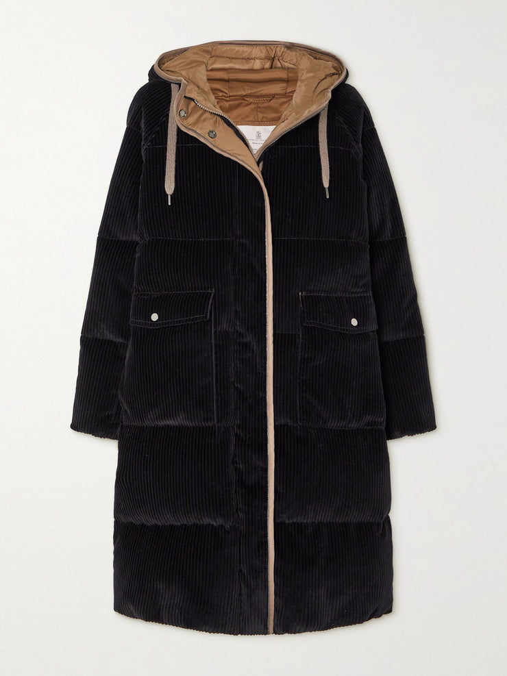 Hooded quilted cashmere-corduroy down coat