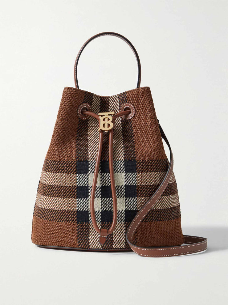 Leather-trimmed checked bucket bag