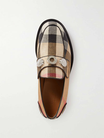 Burberry Embellished leather-trimmed checked raffia loafers at Collagerie