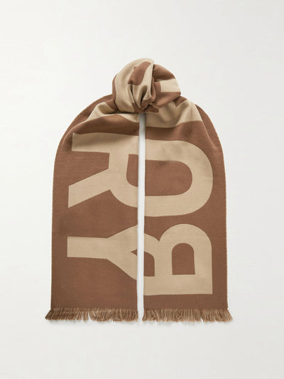 Burberry Reversible fringed wool-jacquard scarf at Collagerie