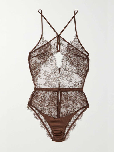 Coco De Mer Brown silk-trimmed lace bodysuit at Collagerie