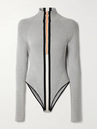 Cordova Grey striped merino wool-blend bodysuit at Collagerie