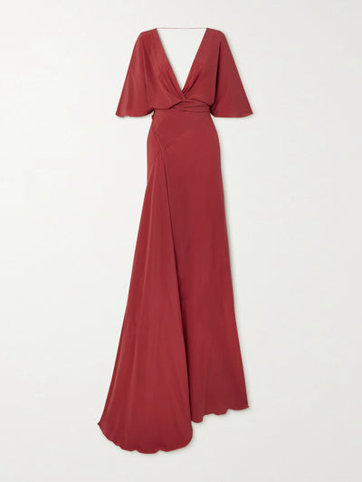 Cortana Red open-back silk crepe maxi wrap dress at Collagerie