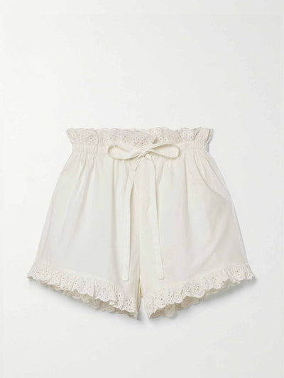 Dôen Broderie anglaise-trimmed pyjama shorts at Collagerie