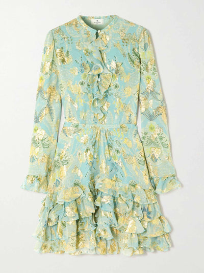 Etro Ruffled metallic floral-jacquard silk-chiffon mini dress at Collagerie