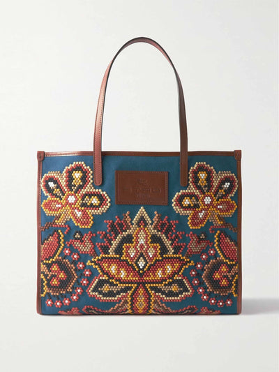 Etro Leather trim embroidered canvas tote bag at Collagerie