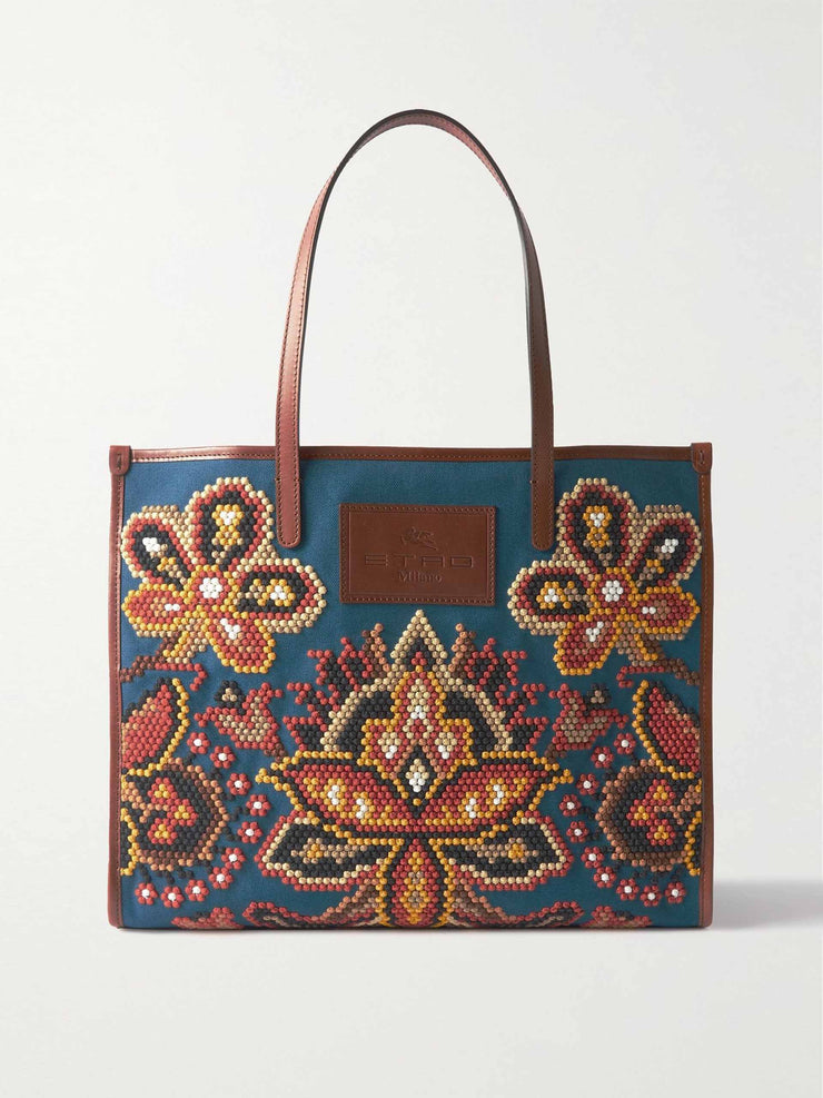 Leather trim embroidered canvas tote bag