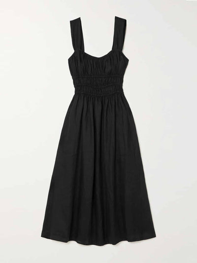 Faithfull The Brand Black ruched linen midi dress at Collagerie
